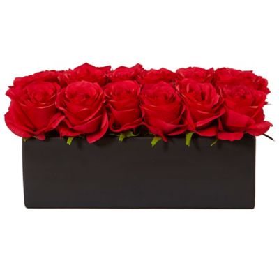 Nearly Natural 6 in. Red Silk Roses in Ceramic Rectangular Planter, 12 pc.