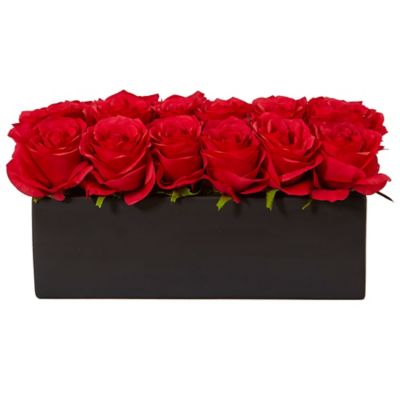 Image showing  6 in. Red Silk Roses in Ceramic Rectangular Planter, 12 pc.