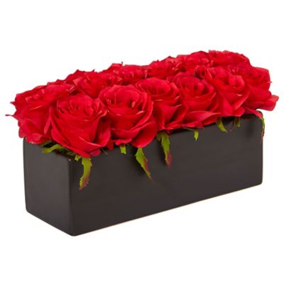 Image showing  6 in. Red Silk Roses in Ceramic Rectangular Planter, 12 pc.