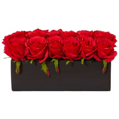 Image showing  6 in. Red Silk Roses in Ceramic Rectangular Planter, 12 pc.