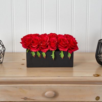 Image showing  6 in. Red Silk Roses in Ceramic Rectangular Planter, 12 pc.