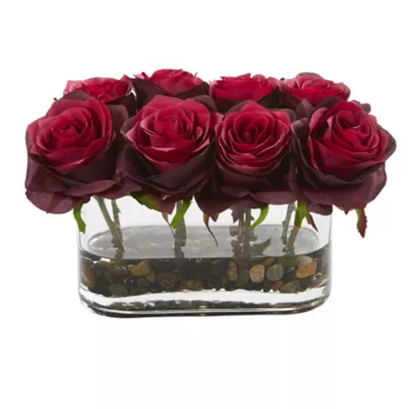 Nearly Natural 5.5 in Artificial Flower Arrangement of Burgundy Blooming Roses in Glass Vase Artificial Plants & Flowers