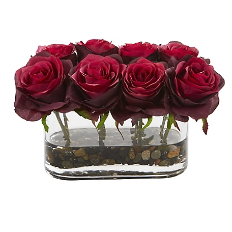 Nearly Natural 5.5 in. Burgundy Blooming Roses Artificial Flower Arrangement in Glass Vase