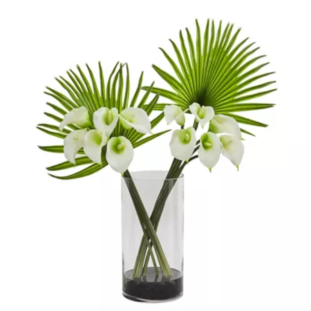 Nearly Natural 27" Artificial Calla Lily and Cream Fan Palm Arrangement in Cylinder Glass Vase Artificial Plants & Flowers