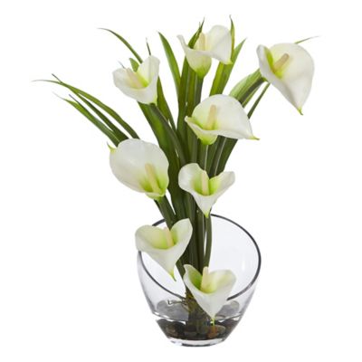 Nearly Natural 15.5 in. Cream Calla Lily and Grass Artificial Arrangement in Vase