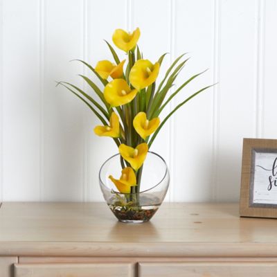 Image showing  15.5 in. Yellow Calla Lily And Grass Artificial Arrangement in Vase