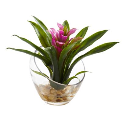 Nearly Natural 8 in. Purple Tropical Bromeliad Artificial Arrangement in Angled Vase