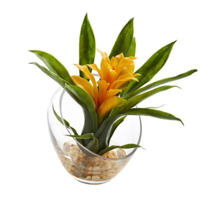 Nearly Natural 8 in. Yellow Tropical Bromeliad Artificial Arrangement in Angled Vase