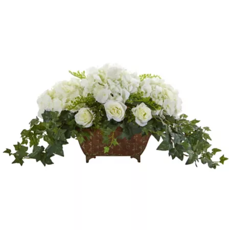 Nearly Natural 17" Artificial Hydrangea and White Rose Arrangement in Metal Pot Artificial Plants & Flowers