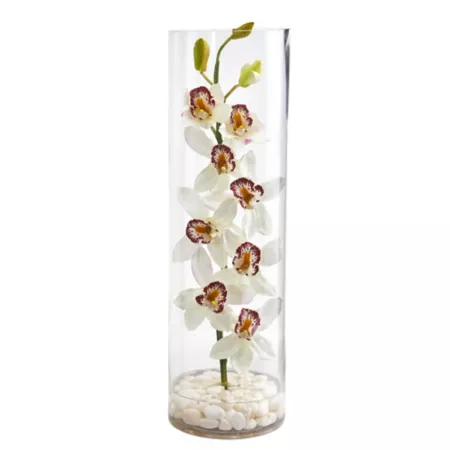 Nearly Natural 20" Artificial Cymbidium Orchid Arrangement in Tall Drum Vase Artificial Plants & Flowers