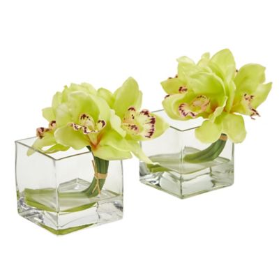 Nearly Natural 8 in. Green Cymbidium Orchid Artificial Arrangement Set in Glass Vase, 2 pc.