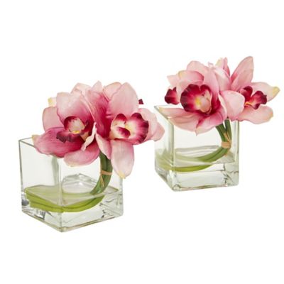 Nearly Natural 8 in. Pink Cymbidium Orchid Artificial Arrangement Set in Glass Vase, 2 pc.