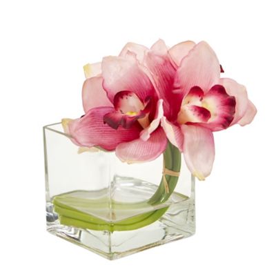 Image showing  8 in. Pink Cymbidium Orchid Artificial Arrangement Set in Glass Vase, 2 pc.