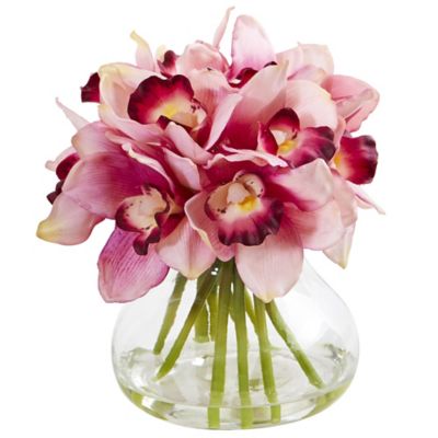 Nearly Natural 8 in. Pink Cymbidium Silk Orchid Artificial Arrangement in Glass Vase