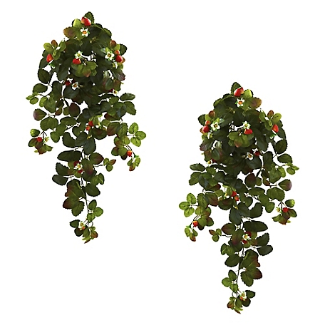 Nearly Natural 31 in. Strawberry Hanging Bush with Berry Set, 2 pc.