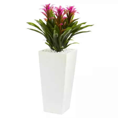 Nearly Natural 26" Artificial Purple Triple Bromeliad Plant in White Tower Planter Artificial Plants & Flowers