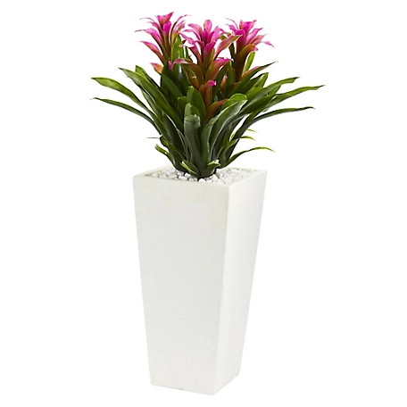 Nearly Natural 26 in. Purple Artificial Triple Bromeliad Plant in White Tower Planter