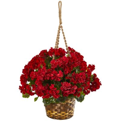 Nearly Natural 19 in. Red UV-Resistant Indoor/Outdoor Geranium Hanging Basket Artificial Plant