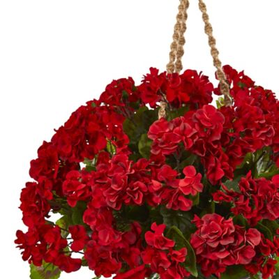 Image showing  19 in. Red UV-Resistant Indoor/Outdoor Geranium Hanging Basket Artificial Plant
