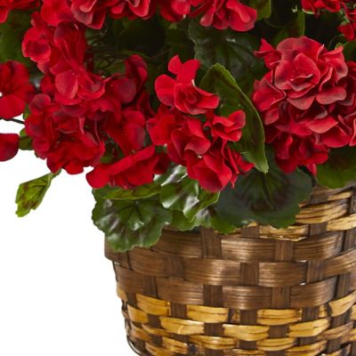 Image showing  19 in. Red UV-Resistant Indoor/Outdoor Geranium Hanging Basket Artificial Plant