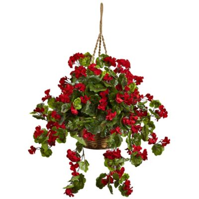 Nearly Natural Artificial Indoor/Outdoor UV-Resistant Geranium Hanging Basket