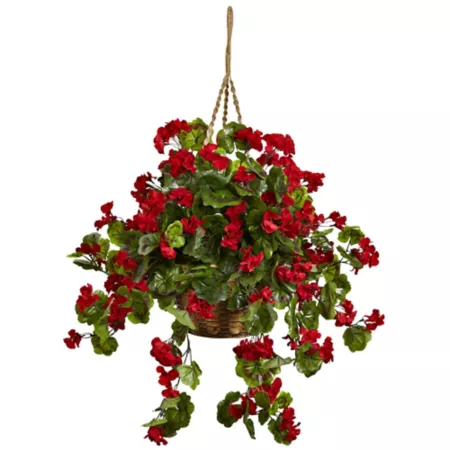 Nearly Natural Artificial Geranium Hanging Basket Indoor/Outdoor UV Resistant Artificial Plants & Flowers