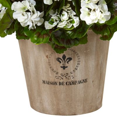 Image showing  22 in. White UV-Resistant Indoor/Outdoor Geranium Silk Flowering Plant in Farmhouse Planter