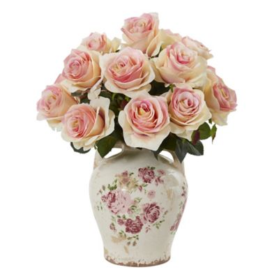 Nearly Natural 8 in. Artificial Rose Arrangement in Flower Print Jar