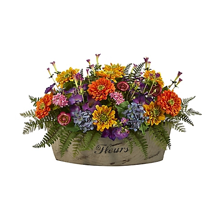 Nearly Natural 18 in. Mixed Flowers Artificial Arrangement in Decorative Vase