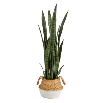 Nearly Natural 46 in. Sansevieria Artificial Plant in Boho Chic Handmade Cotton and Jute White Woven Planter