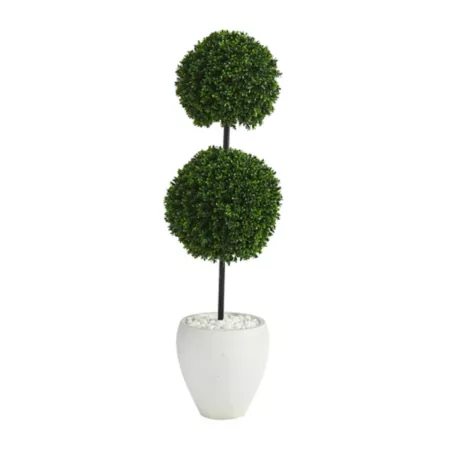 Nearly Natural 4 ft Indoor/Outdoor UV Resistant Boxwood Double Ball Artificial Topiary Tree in White Planter Artificial Plants & Flowers