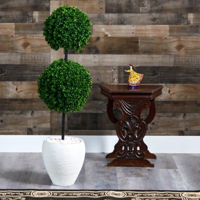 Image showing  4 ft. UV-Resistant Indoor/Outdoor Boxwood Double Ball Artificial Topiary Tree in White Planter