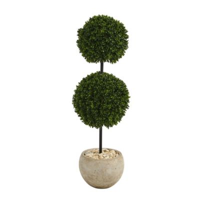 Nearly Natural 45 in. UV-Resistant Indoor/Outdoor Boxwood Double Ball Artificial Topiary Tree in Sand-Colored Planter