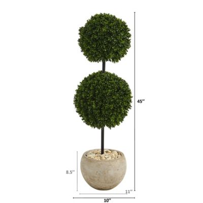 Image showing  45 in. UV-Resistant Indoor/Outdoor Boxwood Double Ball Artificial Topiary Tree in Sand-Colored Planter