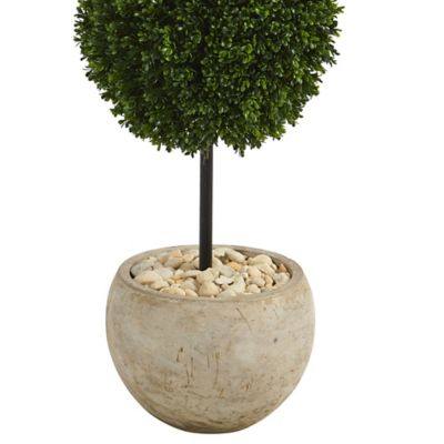 Image showing  45 in. UV-Resistant Indoor/Outdoor Boxwood Double Ball Artificial Topiary Tree in Sand-Colored Planter