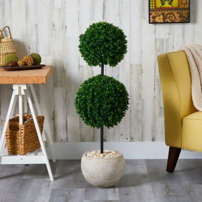 Image showing  45 in. UV-Resistant Indoor/Outdoor Boxwood Double Ball Artificial Topiary Tree in Sand-Colored Planter