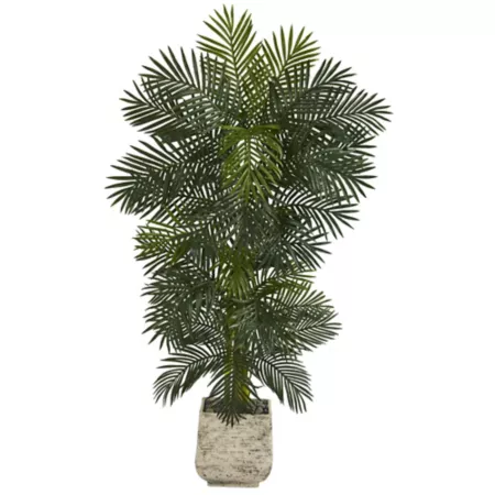 Nearly Natural 6.5 ft Artificial Gold Cane Palm Tree in White Planter Artificial Plants & Flowers