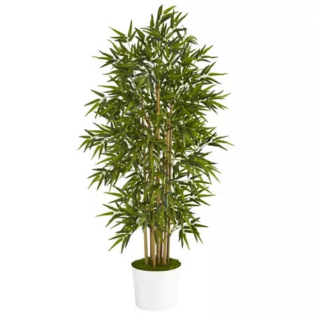 Nearly Natural 64" Artificial Bamboo in White Tin Pot Artificial Plants & Flowers