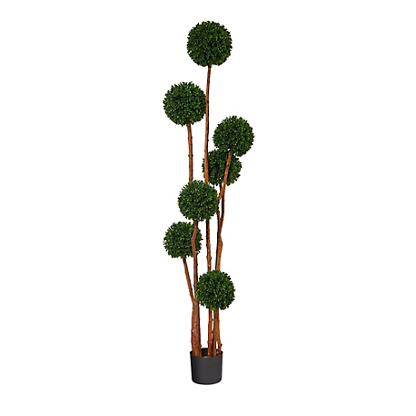 Nearly Natural 6 ft. UV-Resistant Indoor/Outdoor Boxwood Ball Topiary Artificial Tree with Natural Trunk