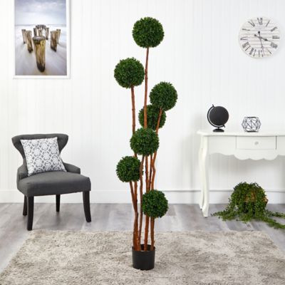 Image showing  6 ft. UV-Resistant Indoor/Outdoor Boxwood Ball Topiary Artificial Tree with Natural Trunk