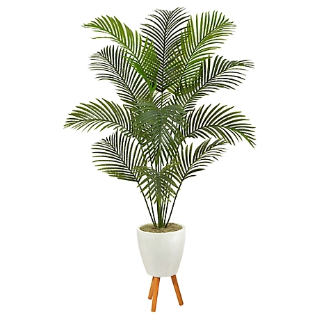 Nearly Natural 6.5 ft. Artificial Golden Cane Palm Tree in White Planter with Stand
