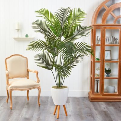Image showing  6.5 ft. Artificial Golden Cane Palm Tree in White Planter with Stand