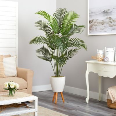 Image showing  6.5 ft. Artificial Golden Cane Palm Tree in White Planter with Stand