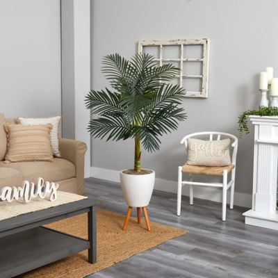 Image showing  6.5 ft. Artificial Golden Cane Palm Tree in White Planter with Stand