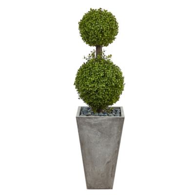 Nearly Natural 4 ft. Indoor/Outdoor Boxwood Double Ball Topiary Artificial Tree in Cement Planter