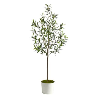 Nearly Natural 70 in. Artificial Olive Tree in White Tin Planter