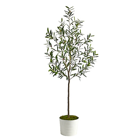 Nearly Natural 70 in. Artificial Olive Tree in White Tin Planter