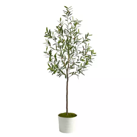 Nearly Natural 70" Artificial Olive Tree in White Pewter Pot Artificial Plants & Flowers