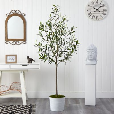Image showing  70 in. Artificial Olive Tree in White Tin Planter