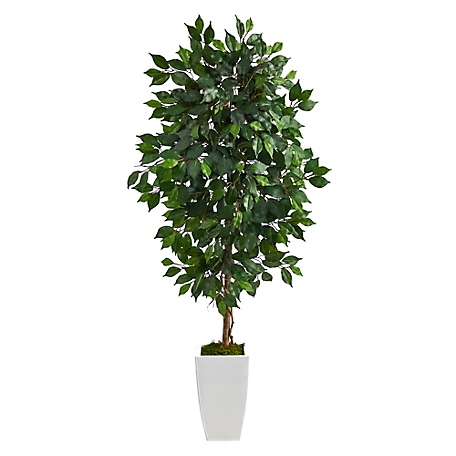 Nearly Natural 4.5 ft. Artificial Ficus Tree in White Metal Planter
